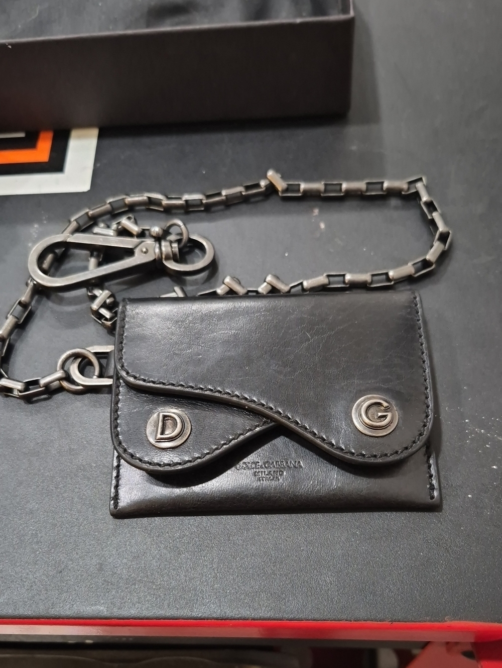 New Dolce & Gabbana Black Leather Card Wallet with Chain and DG Accents